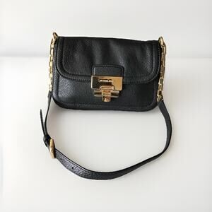 Michael Kors Black Leather Crossbody Bag Gold Chain Lock Flap Shoulder Purse